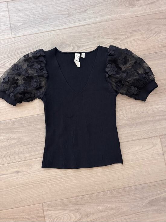 dolan Tops - dolan Black V-Neck Puff Sleeve Knit Top with Floral Lace